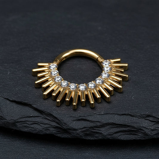 Anneau clicker en titane, rayon de soleil PVD or, CZ