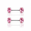 A pair of barbell-style body jewelry studs with faceted pink gemstones on a dark background.