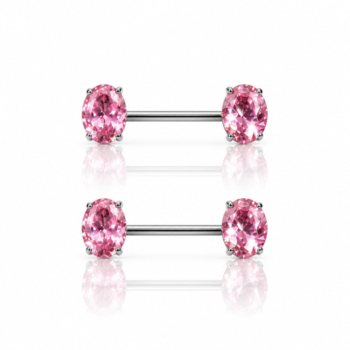 A pair of barbell-style body jewelry studs with faceted pink gemstones on a dark background.