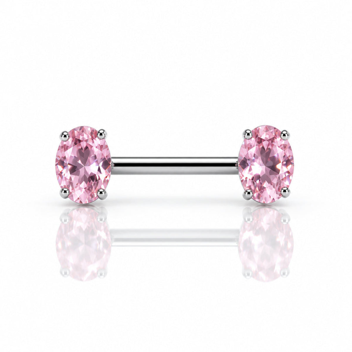 A silver-toned barbell stud piercing jewelry piece with two round, faceted light purple gemstones, shown on a dark textured background.