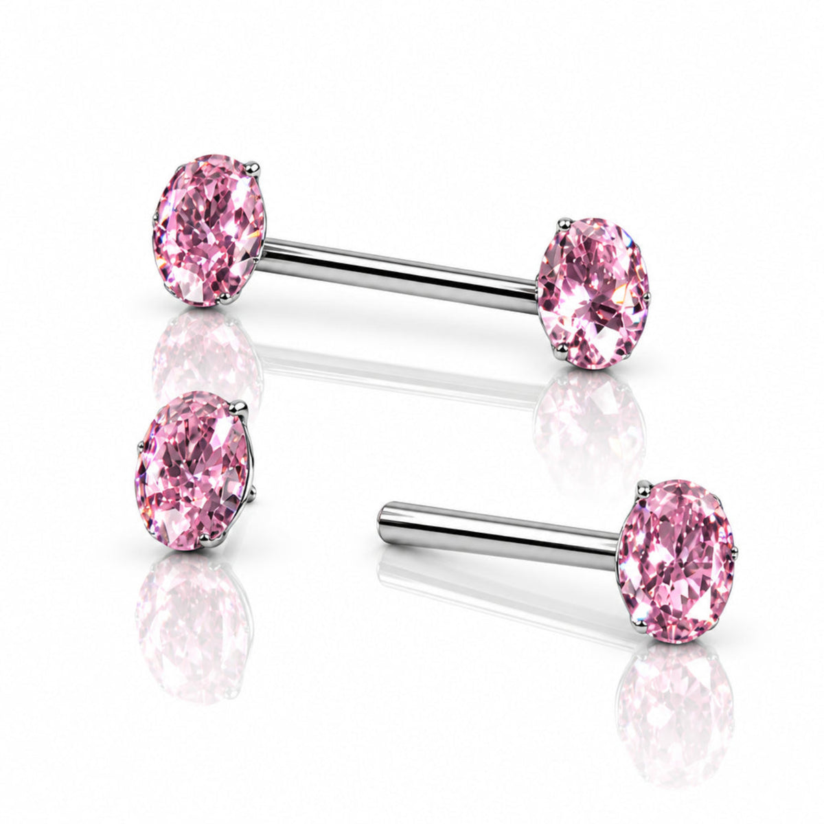Three pink gemstone barbell stud earrings on a black background.